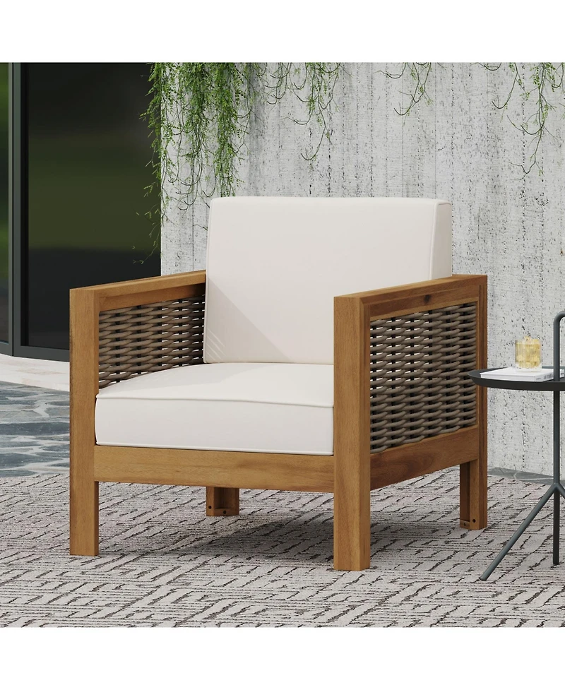 Streamdale Acacia Wood Club Chair, Wicker Accents, Teak Finish