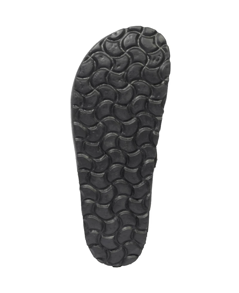 Stud strap clog with modern buckle.
