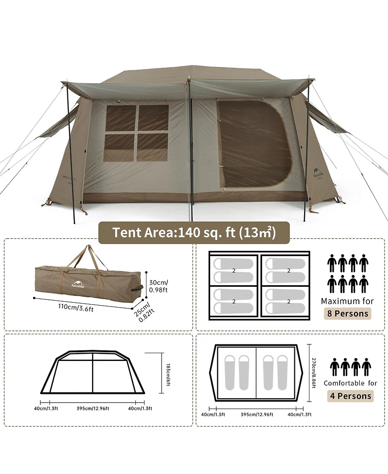 Naturehike Village Camping Tent,4/6/8 Person Tents for Camping, 60S Easy Setup Instant Tent for Family Camping