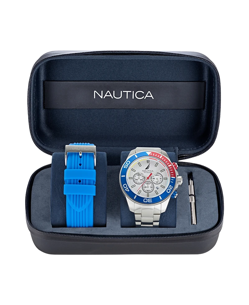 Nautica Men's Chronograph Silver-Tone Stainless Steel Watch Set, 48mm