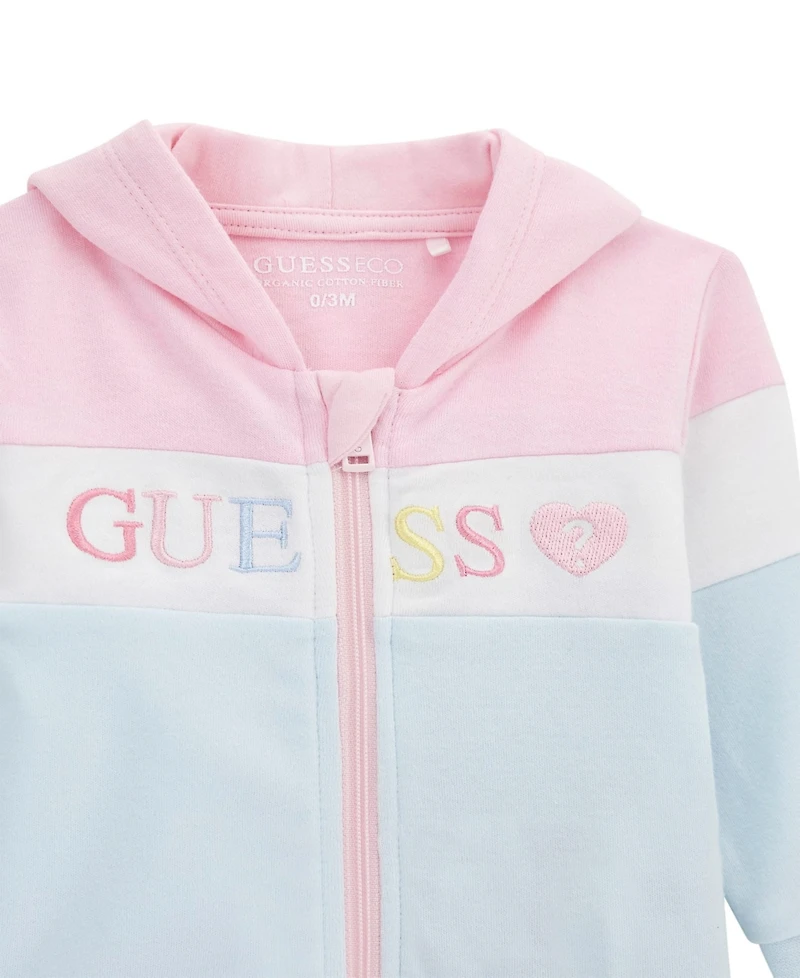 Guess Baby Girls 3-Piece Long Sleeve Zip-Up Colorblocked Sweatshirt, Short Bodysuit, and Pants Set