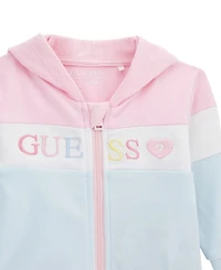 Guess Baby Girls 3-Piece Long Sleeve Zip-Up Colorblocked Sweatshirt, Short Bodysuit, and Pants Set