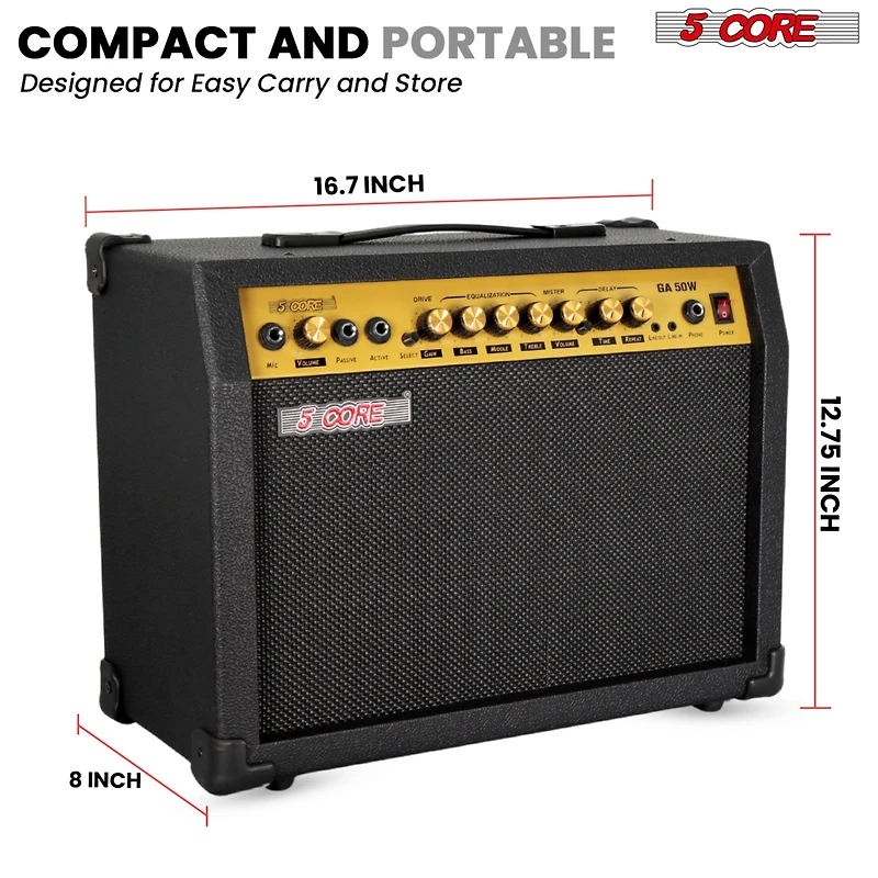 5 Core Guitar Amp 50 Watt Electric Amplifier w Built in 8" Speaker Portable Mini Amps w Aux