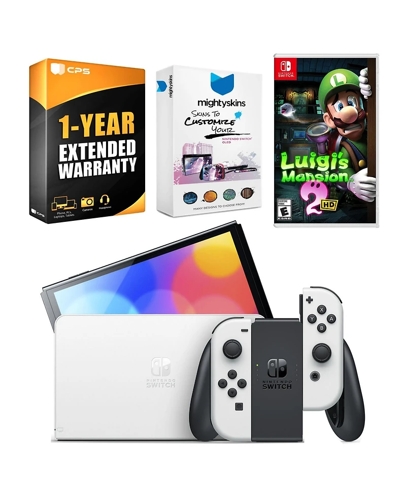 Nintendo Switch White Oled Console with Luigi's Mansion 2 Hd, MightySkins Console and Controller Skin Voucher