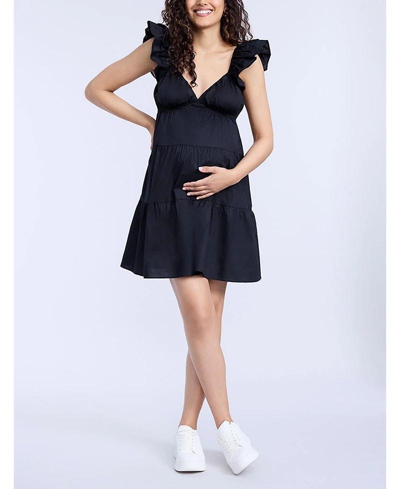 Motherhood Maternity V Neck Flutter Sleeve Tiered Mini Dress