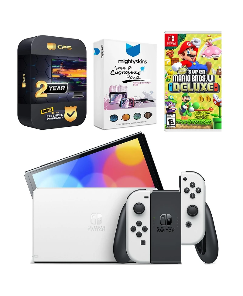 Nintendo Switch White Oled Console with New Super Mario Bros. U Deluxe, MightySkins Console and Controller Skin Voucher, and 2 Year Cps Extended Warra