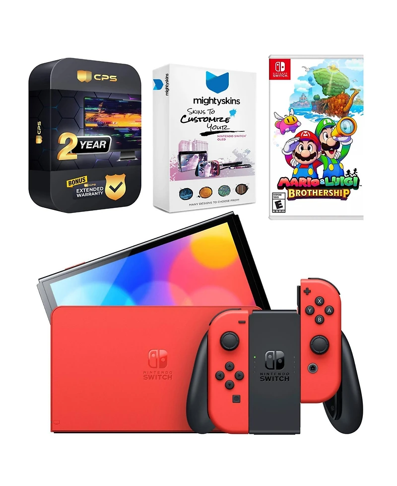 Nintendo Switch Oled Mario Red Edition with Mario & Luigi: Brothership, MightySkins Console and Controller Skin Voucher and 2 Year Cps Extended Warran