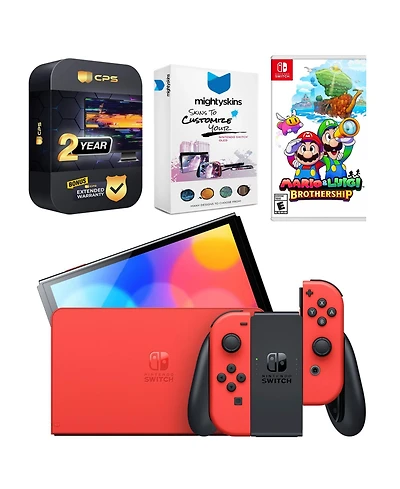Nintendo Switch Oled Mario Red Edition with Mario & Luigi: Brothership, MightySkins Console and Controller Skin Voucher and 2 Year Cps Extended Warran