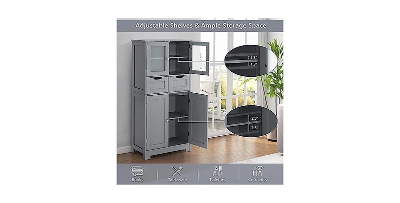 4 Door Freestanding Bathroom Floor Storage Cabinet with 2 Drawers and Glass Doors