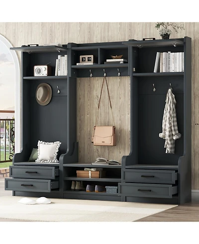 Streamdale 4-in-1 Hall Tree Storage, Hooks, Drawers & Bench - Antique Blue