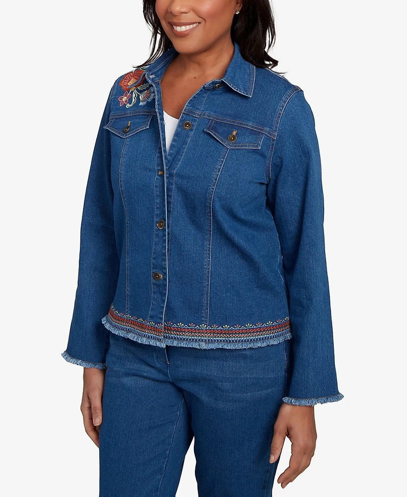 Alfred Dunner Petite El Paso Floral Vine Embroidered Border Denim Jacket