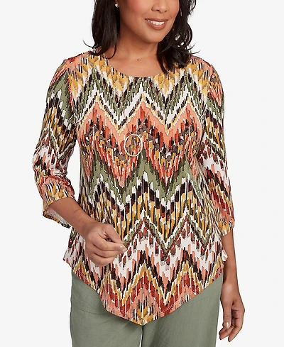 Alfred Dunner Petite Copper Canyon Ikat Chevron Crew Neck Top with Necklace