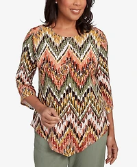 Alfred Dunner Petite Copper Canyon Ikat Chevron Crew Neck Top with Necklace