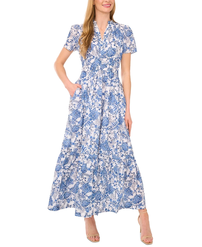 CeCe Women's Floral V-Neck Short-Sleeve Maxi Dress