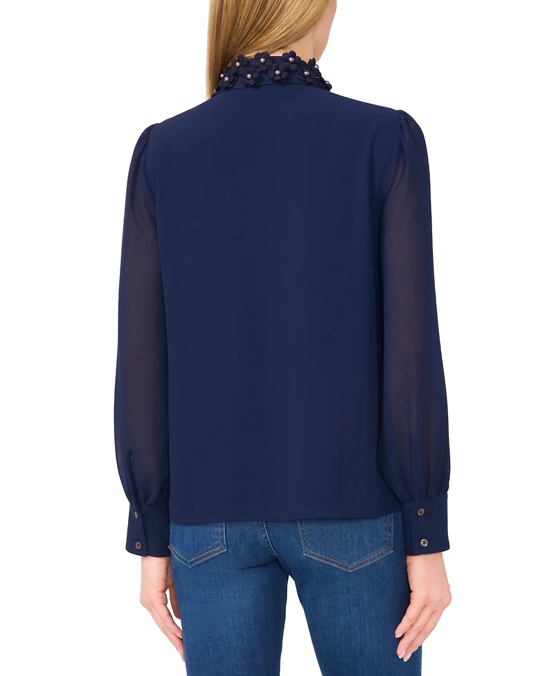 CeCe Women's Floral-Applique Collared Long-Sleeve Blouse