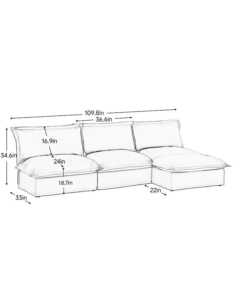 Armless Modular Sectional: Cream Chenille, Reversible Ottoman, Free Combination