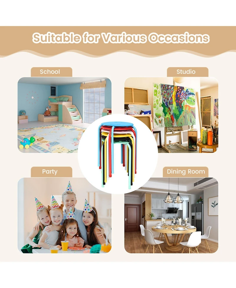 17.5 Inch Set of 6 Portable Plastic Stack Stools with Metal Frame