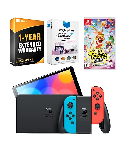 Nintendo Switch Neon Red & Blue Oled Console with Rabbids: Party of Legends, MightySkins Console and Controller Skin Voucher, and 1 Year Cps Extended