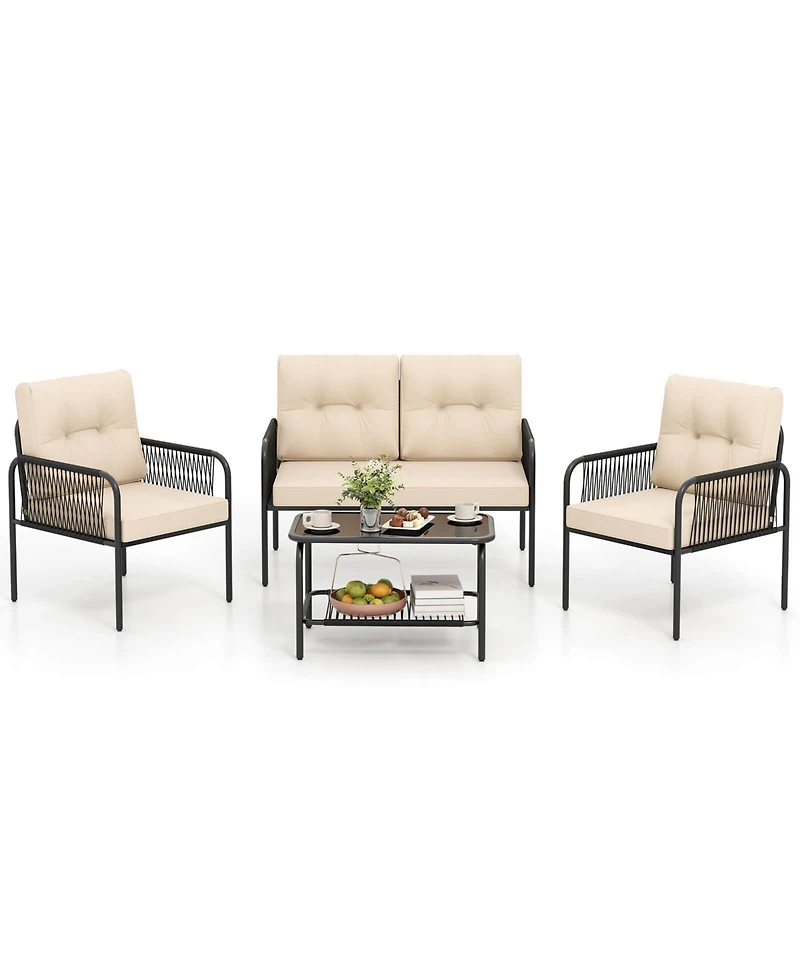 4 Pcs Patio Furniture Set with Loveseat Tempered Glass Coffee Table & Soft Cushions