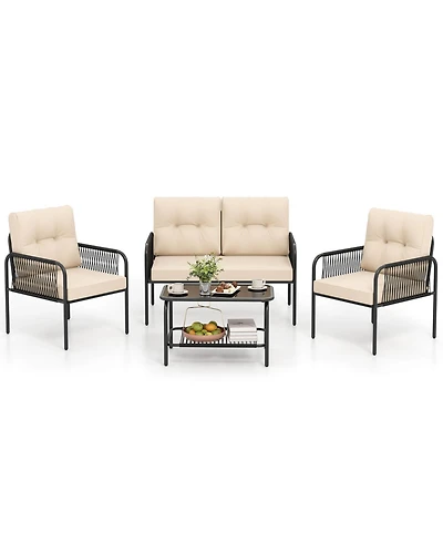 4 Pcs Patio Furniture Set with Loveseat Tempered Glass Coffee Table & Soft Cushions