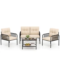 4 Pcs Patio Furniture Set with Loveseat Tempered Glass Coffee Table & Soft Cushions