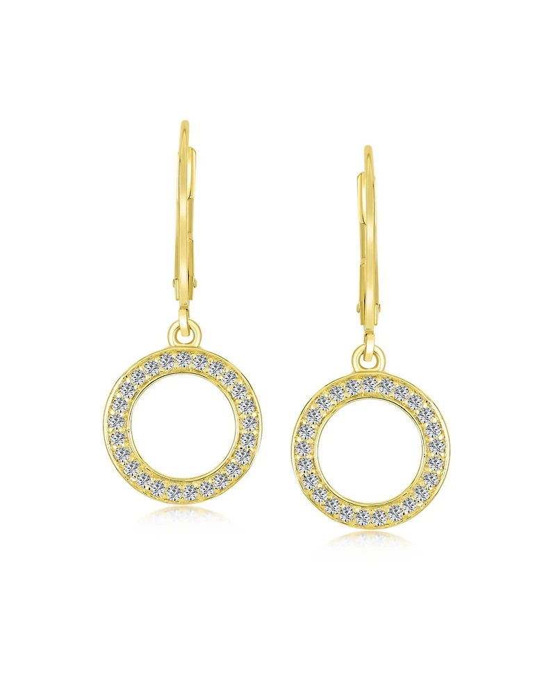 Bling Jewelry Elegant Classic Geometric Pave Cz Round Open Circle Dangle Drop Earrings Yellow Gold Plated Cubic ZirconiaLeverback