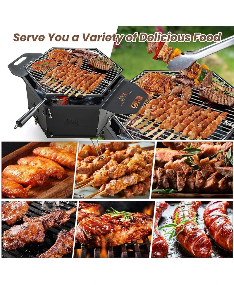 Portable Charcoal Grill Stove Rotatable with Foldable Body and Legs with Handles