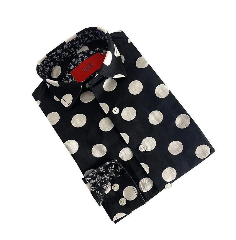 Elie Balleh Little Boys Black Long Sleeve Navy Polka Dot Slim Fit Shirt