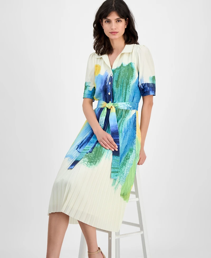 T Tahari Women's Pleated-Skirt Brushstroke-Print Belted Dress