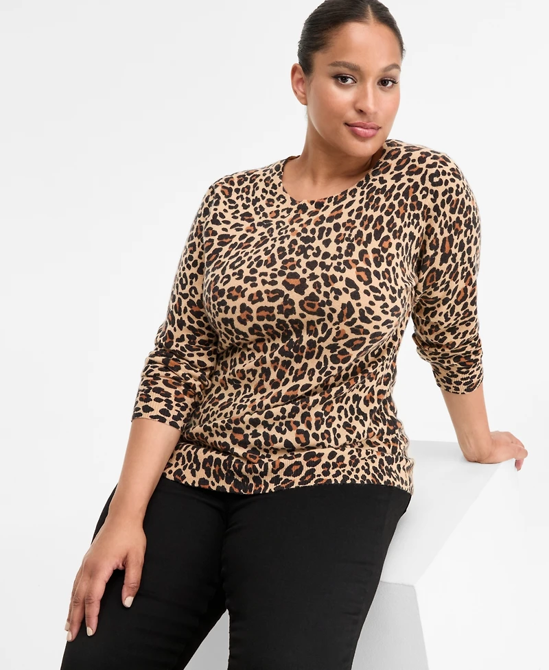 Charter Club Plus 100% Cashmere Animal-Print Crewneck Sweater, Macy's Exclusive