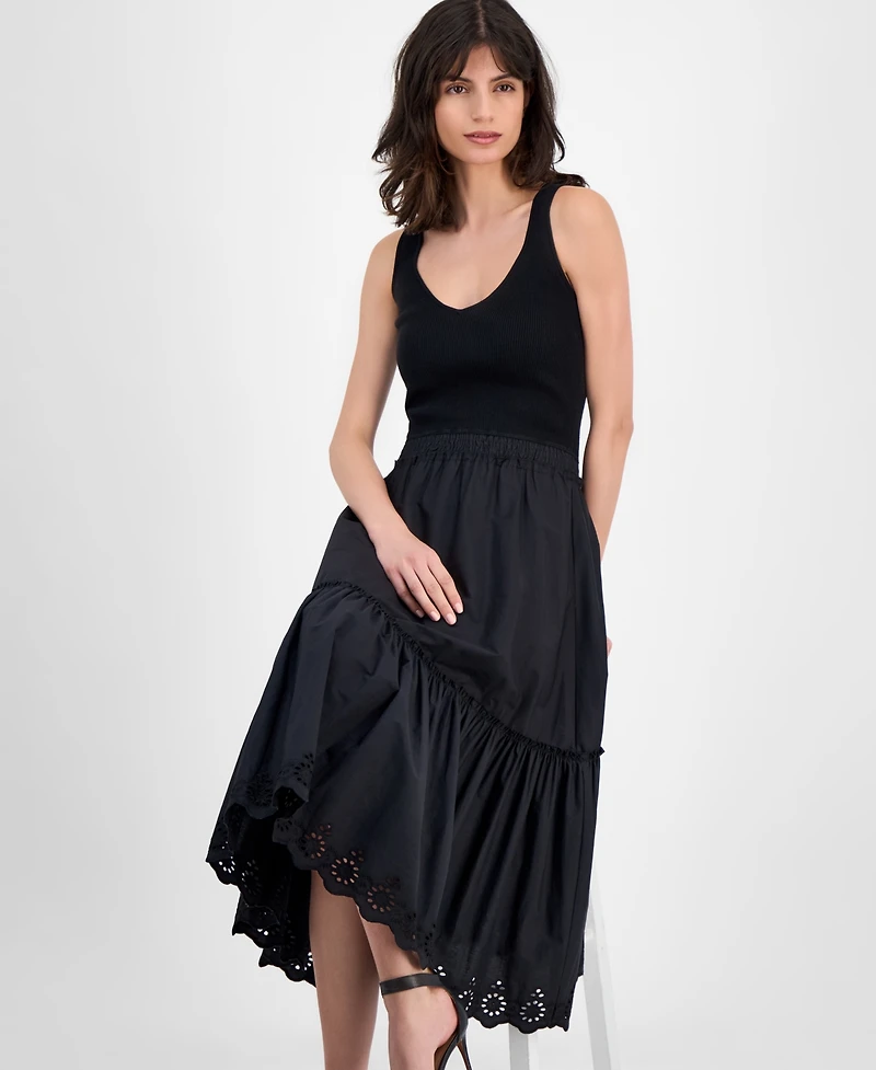T Tahari Women's Ribbed Tiered-Skirt Embroidered-Hem Midi Dress