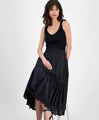 T Tahari Women's Ribbed Tiered-Skirt Embroidered-Hem Midi Dress
