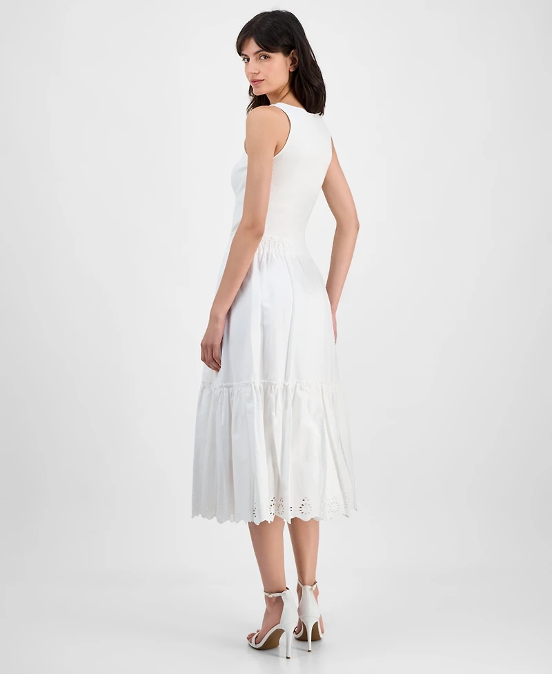 T Tahari Women's Ribbed Tiered-Skirt Embroidered-Hem Midi Dress