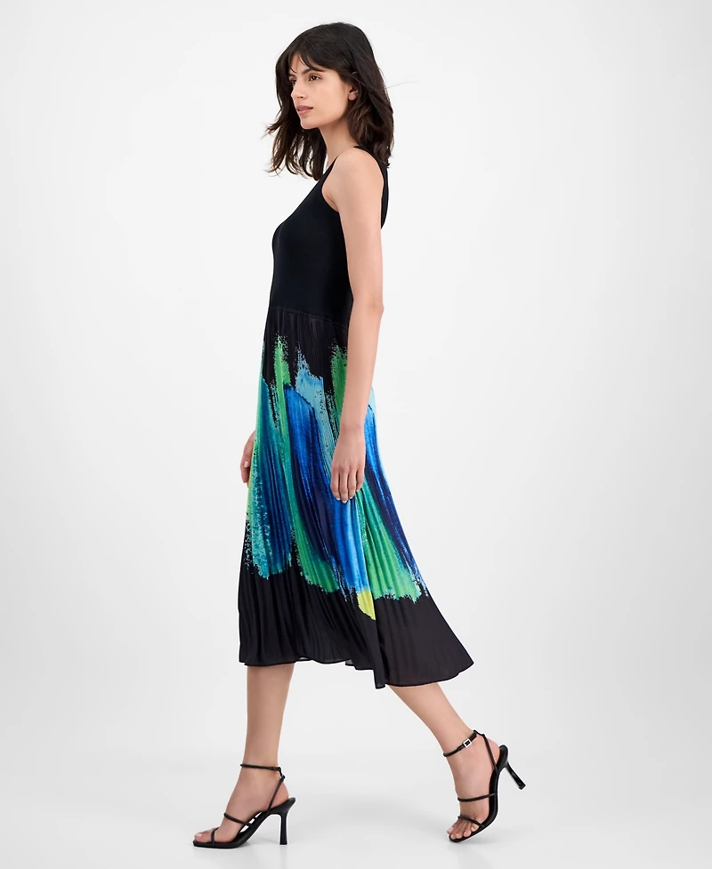 T Tahari Women's Pleated Brushstroke-Print Dress