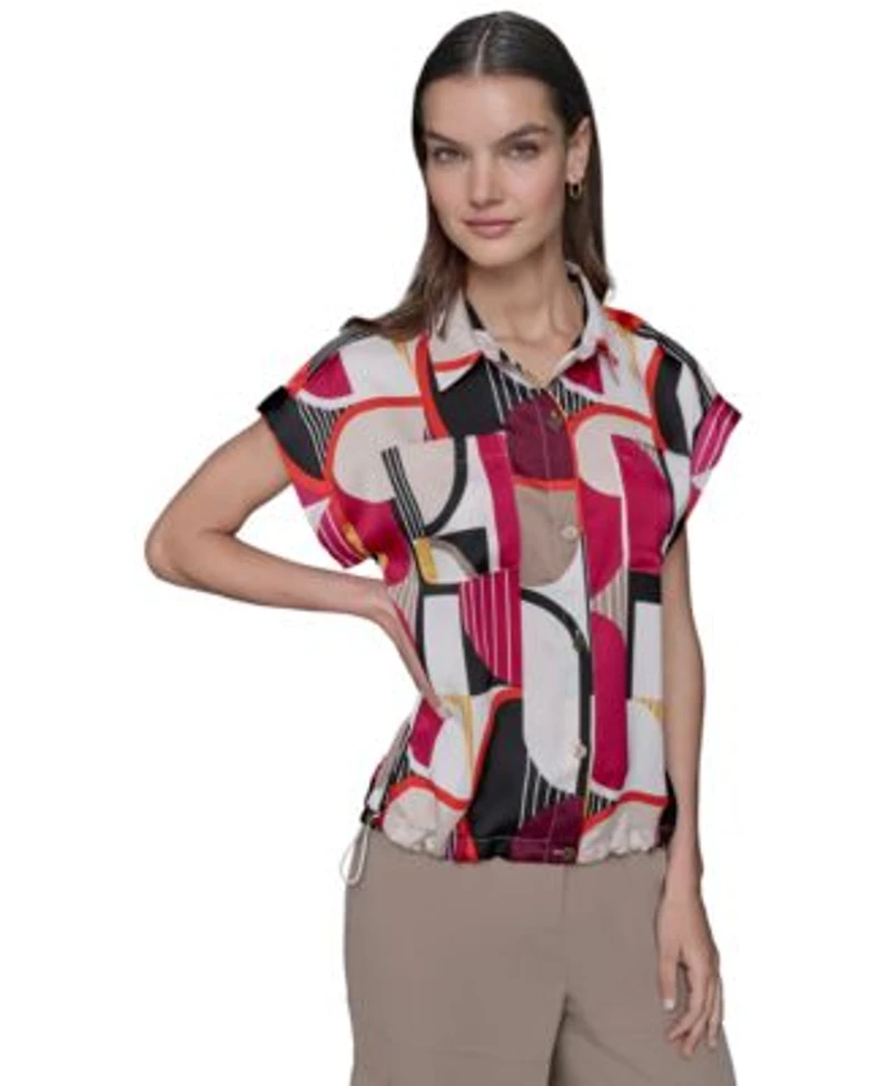 Karl Lagerfeld Paris Womens Printed Elastic Hem Shirt P Xs Xl