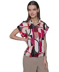 Karl Lagerfeld Paris Womens Printed Elastic Hem Shirt P Xs Xl
