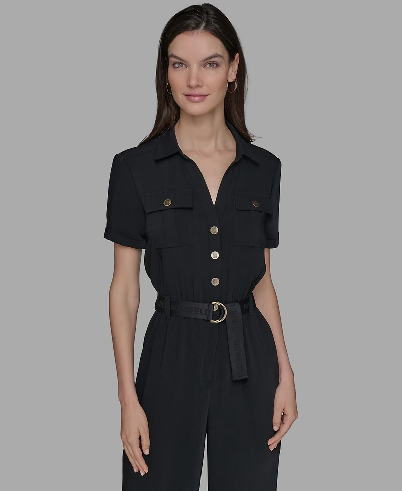 Karl Lagerfeld Paris Petite Belted Short-Sleeve Button-Front Jumpsuit