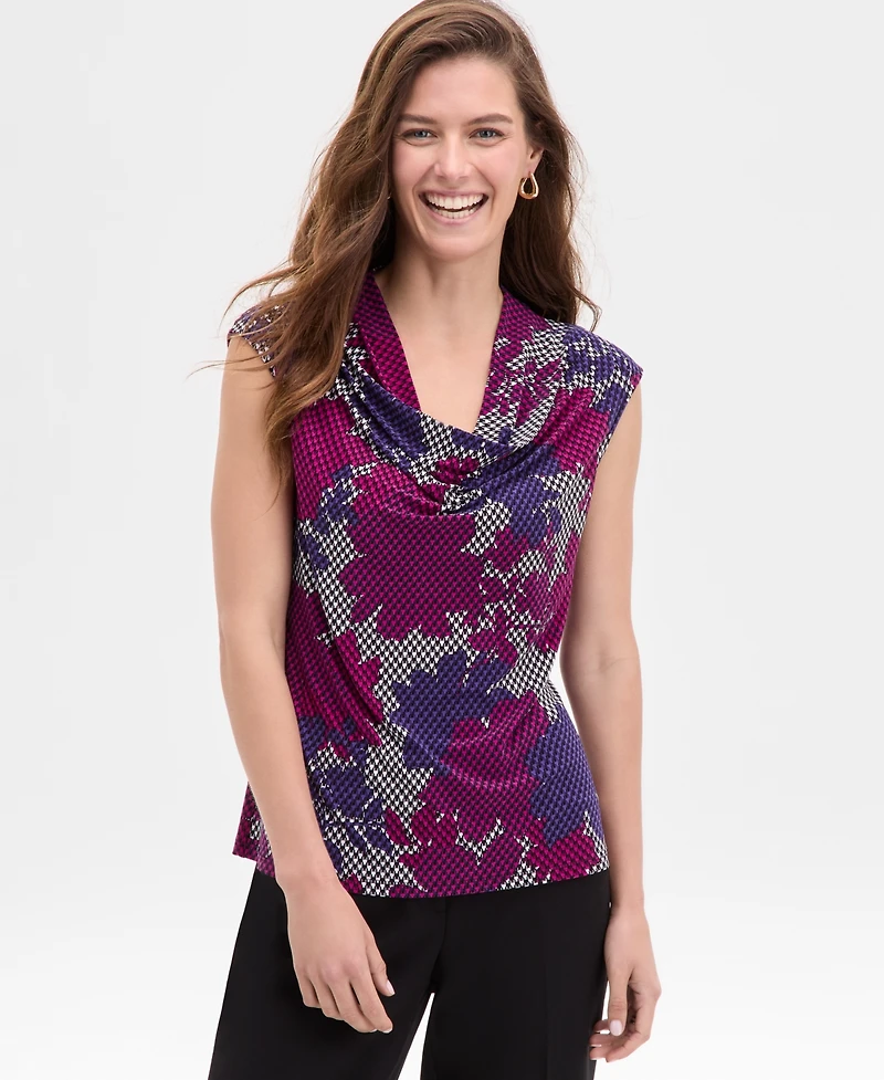 Kasper Women's Floral Houndstooth Cowlneck Blouse