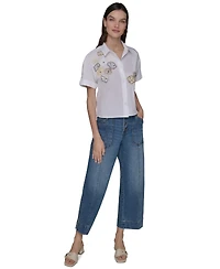 Karl Lagerfeld Paris Women's Embroidered Floral Camp Shirt
