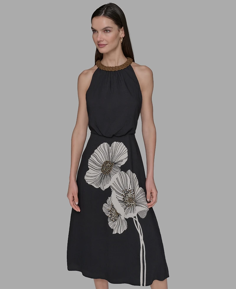 Karl Lagerfeld Paris Petite Beaded-Neck Floral-Graphic Dress