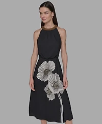 Karl Lagerfeld Paris Petite Beaded-Neck Floral-Graphic Dress
