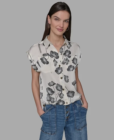 Karl Lagerfeld Paris Petite Floral-Print Drawcord-Hem Blouse