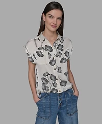 Karl Lagerfeld Paris Petite Floral-Print Drawcord-Hem Blouse