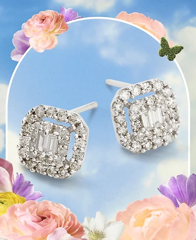 Diamond Round & Baguette Cluster Stud Earrings (1/2 ct. t.w.) 14k White or Yellow Gold