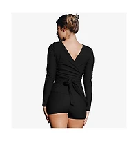 Calypsa Women's Avery 2-Piece Long Sleeve Wrap Swim Set With Reversible Top and Tummy Control Shorts