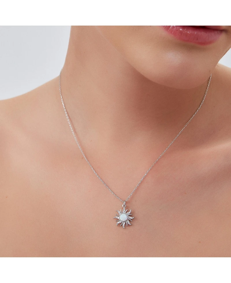 Spero London White Opal Sun & Sunburst Necklace in Sterling Silver