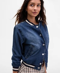 Madden Girl Juniors' Denim Varsity Bomber Jacket
