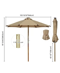 LAGarden Boho 32 Led 9Ft Wood Market Patio Umbrella with Solar Lights for Bar Hotel Resort Alfresco Dining Rooftop Restauran Mocha