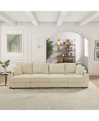 Streamdale Beige Corduroy Sofa with Storage, Cup & Phone Holders