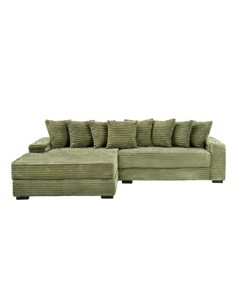 Streamdale Green Corduroy Sofa w/ Cup Holders, Lockers & Reversible Chaise